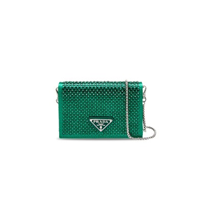 PRADA CRYSTAL BOLO WALLET ON CHAIN GREEN MINI BAG 1MR024 (11.5*8cm)  PRADA CRYSTAL BOLO WALLET ON CHAIN GREEN MINI BAG 1MR024 (11.5*8cm)